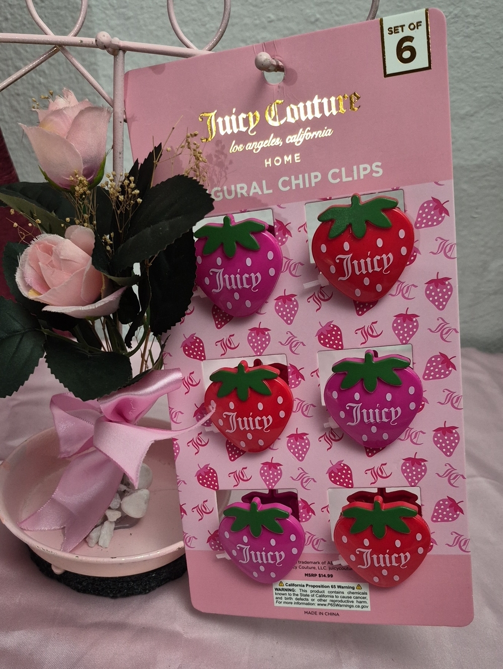 Juicy Couture K Strawberry Chip Clips - Pink & Red Set of 6 New 2222